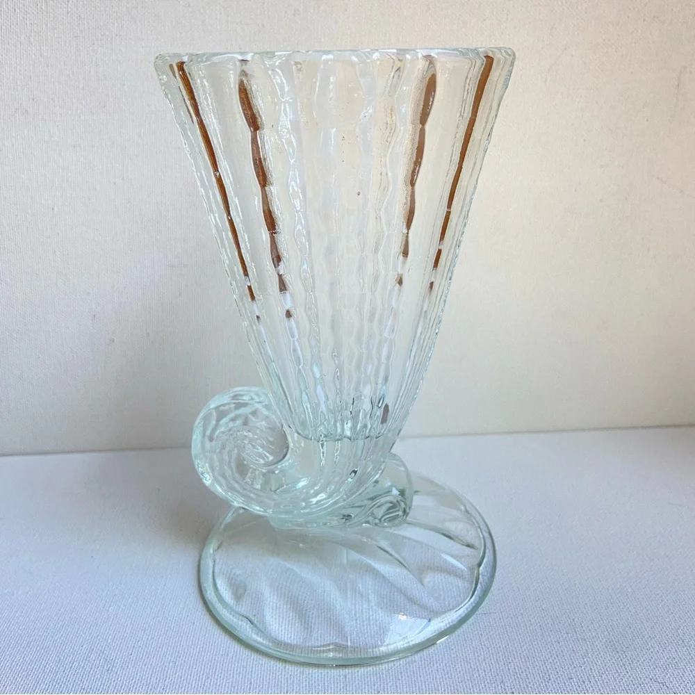 Cornucopia Horn of Plenty vase clear textured glass vintage fluted ribbed